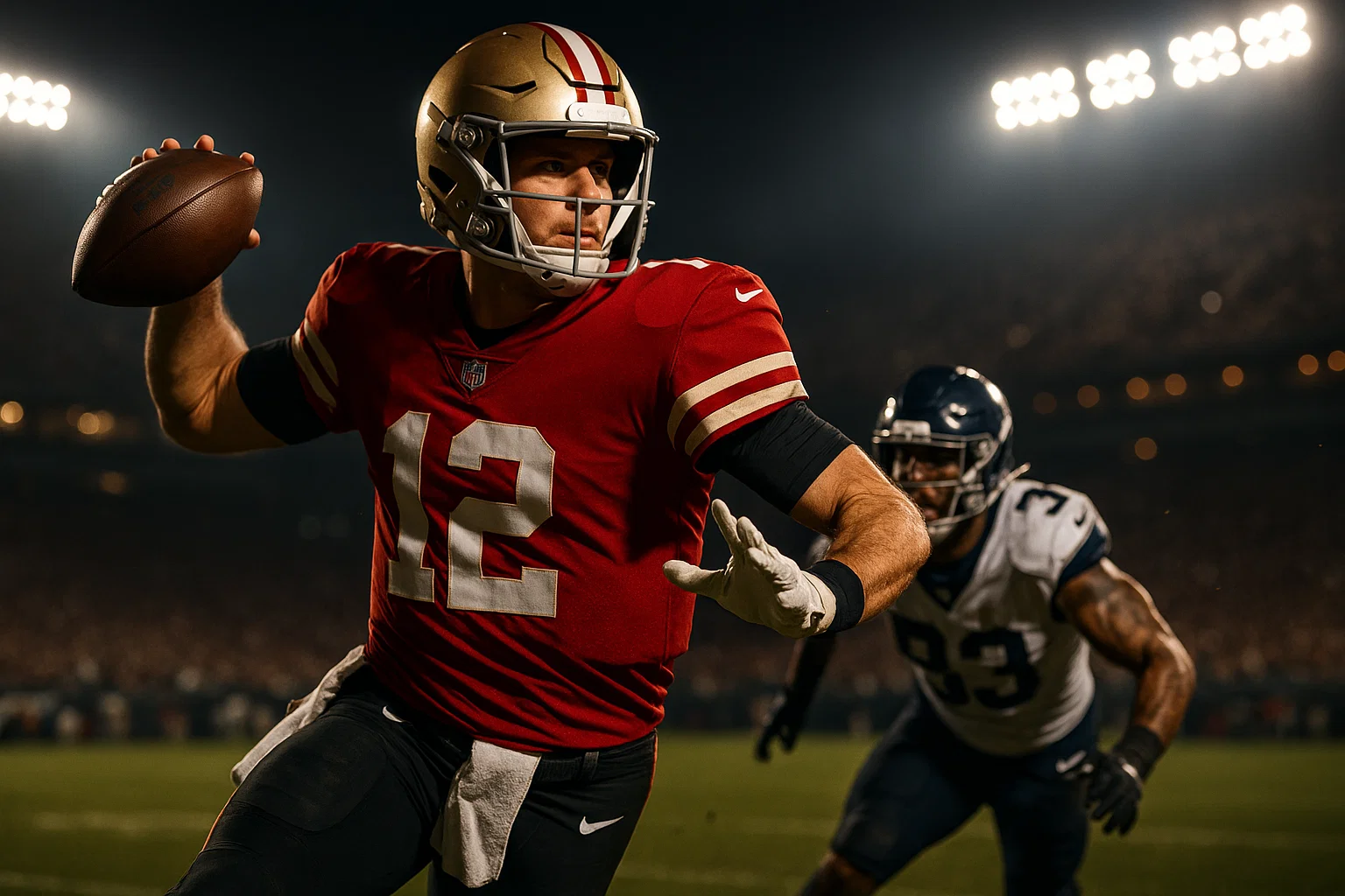 An American football player wearing a ujersey in action